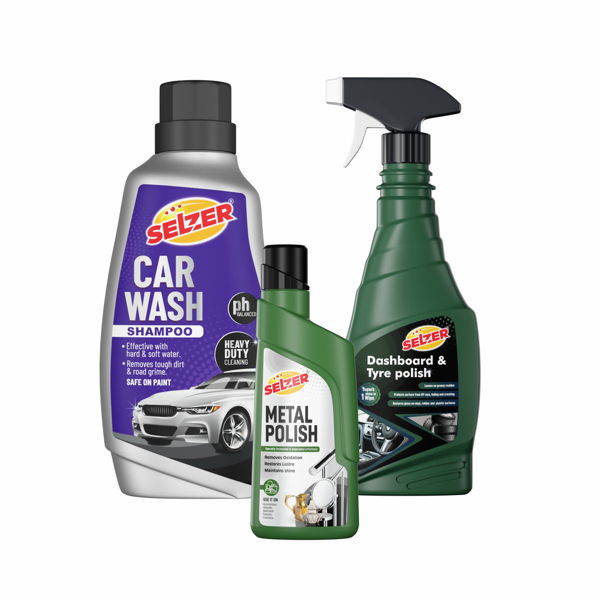 Selzer Dashboard & Tyre Polish, Car Wash Shampoo & Metal Polish